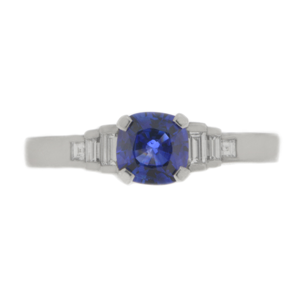 Classic art deco style modern ring Cushion Blue Sapphire cut step baguette cut diamonds engagement 1920's platinum gold