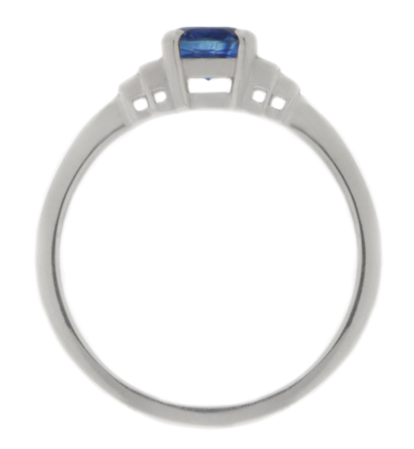 Classic art deco style modern ring Cushion Blue Sapphire cut step baguette cut diamonds engagement 1920's platinum gold