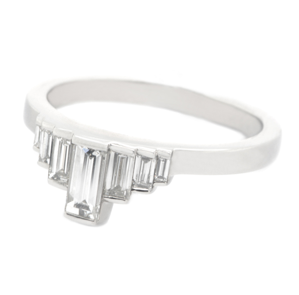 Baguette cut diamond bar set Art Deco style designer dress ring crown style setting engagement Platinum Gold