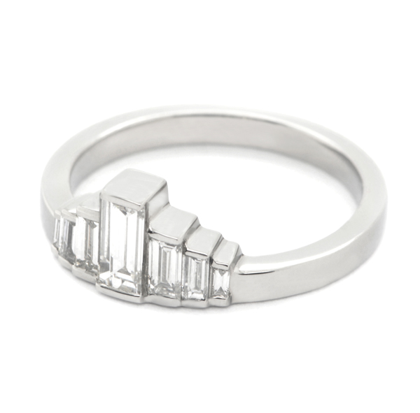 Baguette cut diamond bar set Art Deco style designer dress ring crown style setting engagement Platinum Gold