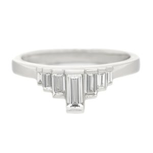 Baguette cut diamond bar set Art Deco style designer dress ring crown style setting engagement Platinum Gold
