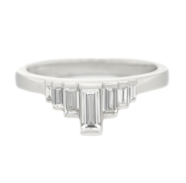 Baguette cut diamond bar set Art Deco style designer dress ring crown style setting engagement Platinum Gold