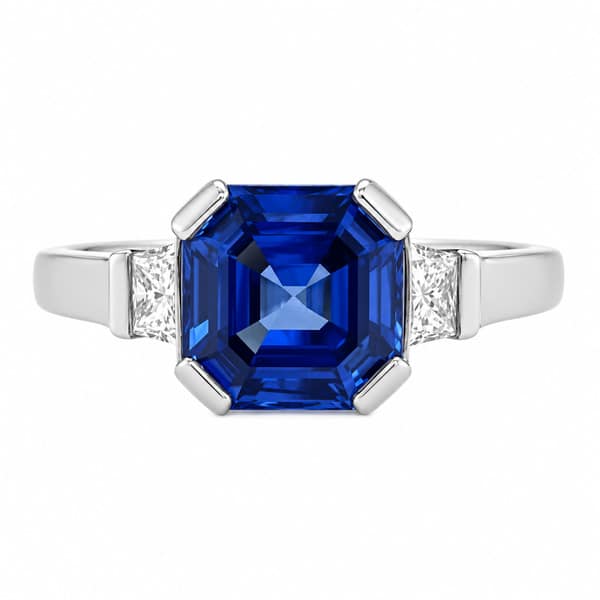 Classic art deco style modern ring Asscher cut Blue Sapphire Trapeze cut diamonds engagement 1920's platinum