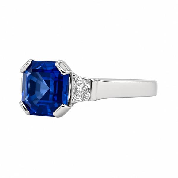 Classic art deco style modern ring Asscher cut Blue Sapphire Trapeze cut diamonds engagement 1920's platinum
