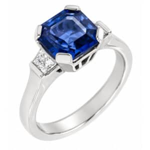 Classic art deco style modern ring Asscher cut Blue Sapphire Trapeze cut diamonds engagement 1920's platinum
