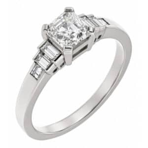 Classic art deco style modern ring Asscher cut diamond stone step graduated baguette cut diamonds engagement 1920's platinum gold