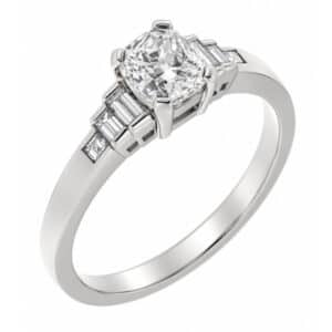 Classic art deco style modern ring Cushion cut diamond stone step graduated baguette cut diamonds engagement 1920's platinum gold