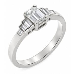 Classic art deco style modern ring Emerald cut diamond stone step graduated baguette cut diamonds engagement 1920's platinum gold