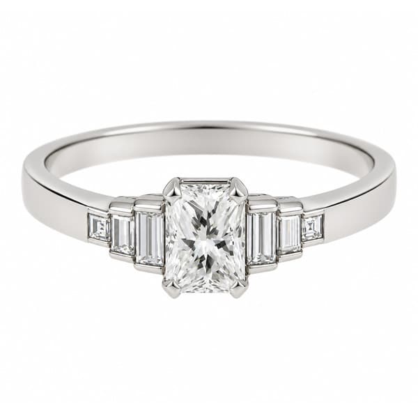 Classic art deco style modern ring Radiant cut diamond stone step graduated baguette cut diamonds engagement 1920's platinum gold