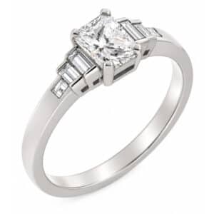 Classic art deco style modern ring Radiant cut diamond stone step graduated baguette cut diamonds engagement 1920's platinum gold