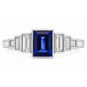 Classic 1920's Art Deco style ring rubover rubbed over set baguette cut blue sapphire stepped baguette cut diamonds Platinum gold