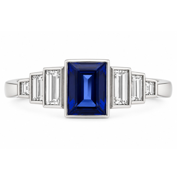 Classic 1920's Art Deco style ring rubover rubbed over set baguette cut blue sapphire stepped baguette cut diamonds Platinum gold