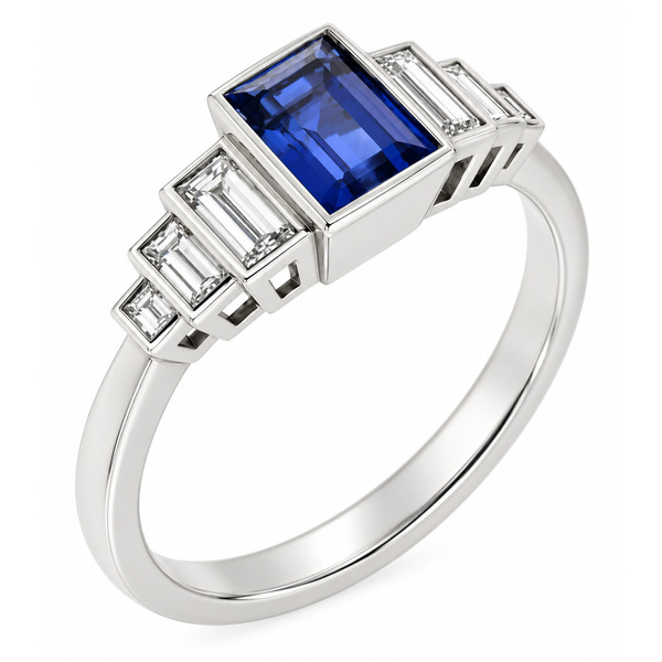 Classic 1920's Art Deco style ring rubover rubbed over set baguette cut blue sapphire stepped baguette cut diamonds Platinum gold