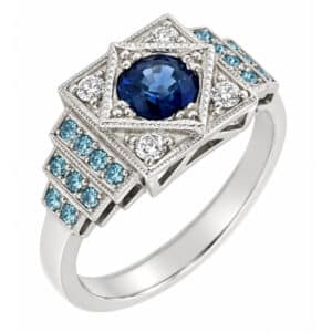 Art Deco vintage style cluster ring round blue sapphire stone white diamonds ice blue engagement cluster Platinum