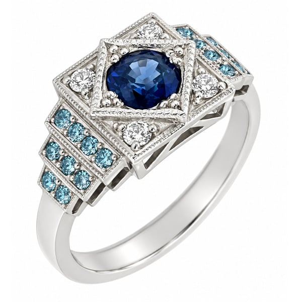 Art Deco vintage style cluster ring round blue sapphire stone white diamonds ice blue engagement cluster Platinum