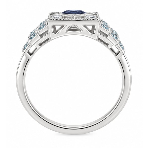 Art Deco vintage style cluster ring round blue sapphire stone white diamonds ice blue engagement cluster Platinum