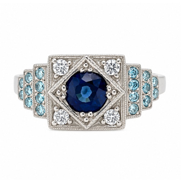 Art Deco vintage style cluster ring round blue sapphire stone white diamonds ice blue engagement cluster Platinum