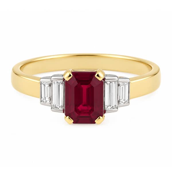 Classic art deco style modern ring Emerald cut step Ruby four baguette cut diamonds engagement 1920's platinum gold