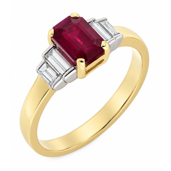 Classic art deco style modern ring Emerald cut step Ruby four baguette cut diamonds engagement 1920's platinum gold