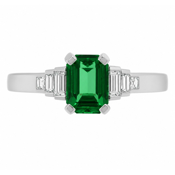 Classic art deco style modern ring Green Emerald cut step baguette cut diamonds engagement 1920's platinum gold