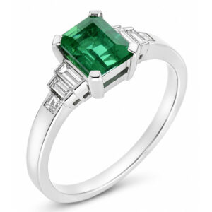 Classic art deco style modern ring Green Emerald cut step baguette cut diamonds engagement 1920's platinum gold