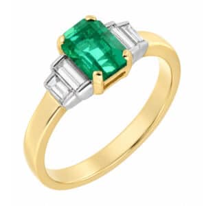Classic art deco style modern ring Green Emerald cut step four baguette cut diamonds engagement 1920's platinum gold