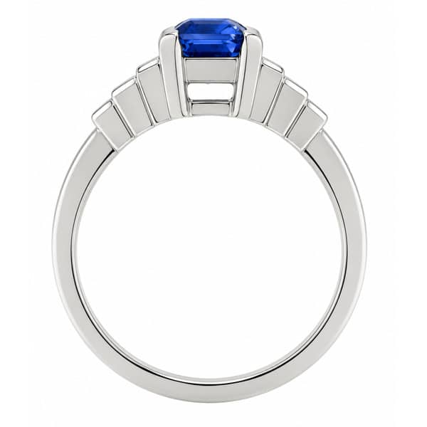 Classic art deco style modern ring large Blue Sapphire cut step baguette cut diamonds engagement 1920's platinum gold