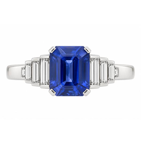 Classic art deco style modern ring large Blue Sapphire cut step baguette cut diamonds engagement 1920's platinum gold