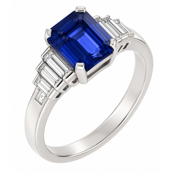 Classic art deco style modern ring large Blue Sapphire cut step baguette cut diamonds engagement 1920's platinum gold