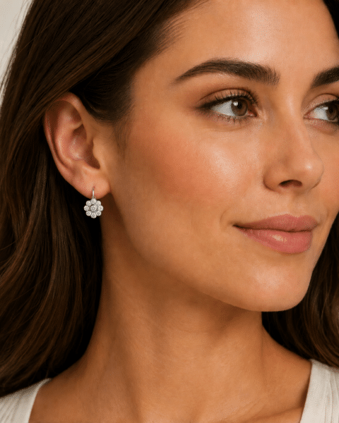 Classic Daisy Cluster Style Round Diamond Drop Earrings worn on woman