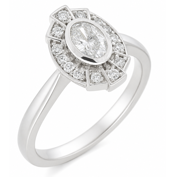 vintage fan art deco style cluster ring oval shape diamond & halo round brilliant cut diamonds 1920's design Platinum Gold