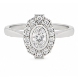 vintage fan art deco style cluster ring oval shape diamond & halo round brilliant cut diamonds 1920's design Platinum Gold