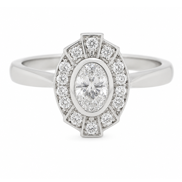 vintage fan art deco style cluster ring oval shape diamond & halo round brilliant cut diamonds 1920's design Platinum Gold