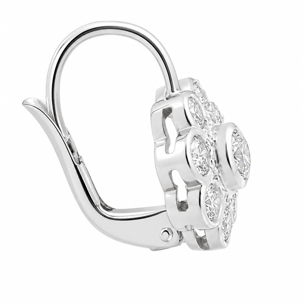Diamond cluster drop style earrings round brilliant cut diamonds surround larger centre daisy flower style setting yellow white gold
