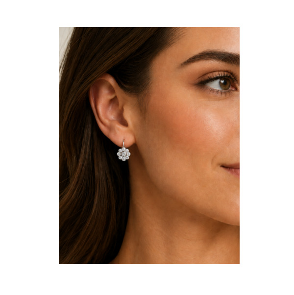 Diamond cluster drop style earrings round brilliant cut diamonds surround larger centre daisy flower style setting yellow white gold