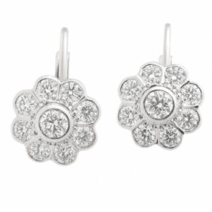 Diamond cluster drop style earrings round brilliant cut diamonds surround larger centre daisy flower style setting yellow white gold