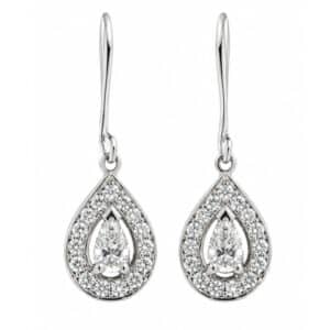 Classic art deco style drop earrings pear shape diamond halo round brilliant cut diamonds platinum gold