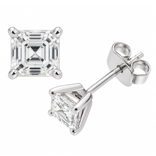 Modern Classic diamond stud earrings style four 4 claw setting asscher cut modified emerald diamonds platinum gold