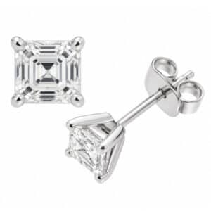 Modern Classic diamond stud earrings style four 4 claw setting asscher cut Lab grown modified emerald diamonds platinum gold