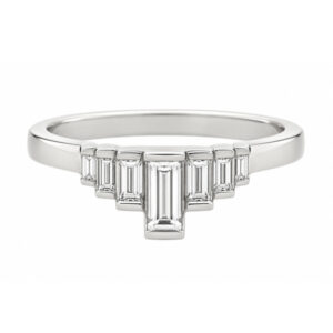 Baguette cut diamond bar set Art Deco style designer dress ring crown style setting engagement Platinum Gold