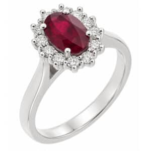 Crystal classic oval shape cut Red Ruby with round brilliant cut diamond halo cluster claw set ring platinum gold
