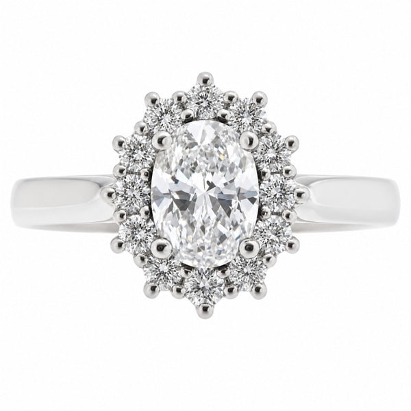 Crystal classic oval shape cut Diamond with round brilliant cut diamonds halo cluster claw set ring platinum gold