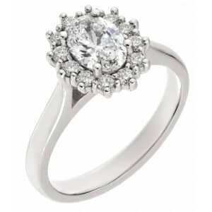 Crystal classic oval shape cut Diamond with round brilliant cut diamonds halo cluster claw set ring platinum gold