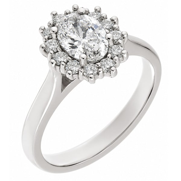 Crystal classic oval shape cut Diamond with round brilliant cut diamonds halo cluster claw set ring platinum gold