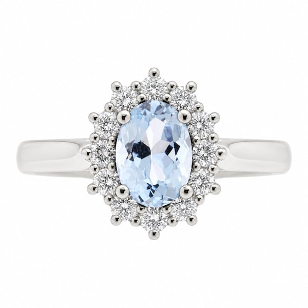 Crystal oval Aqua Aquamarine round diamond halo cluster ring