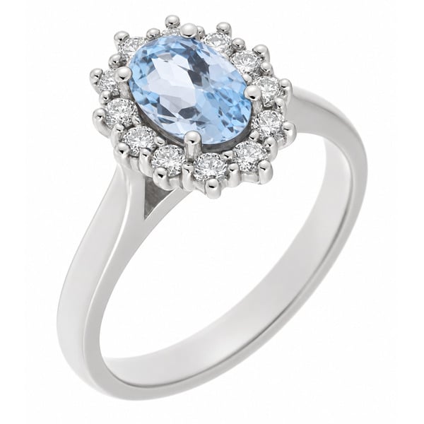 Crystal oval Aqua Aquamarine round diamond halo cluster ring