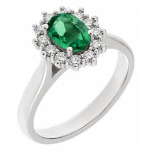Crystal classic oval shape cut green emerald with round brilliant cut diamond halo cluster claw set ring platinum gold