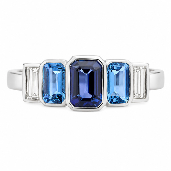 1920's art deco design five stone half eternity style ring Blue Sapphire Aqua baguette cut diamond Platinum Gold