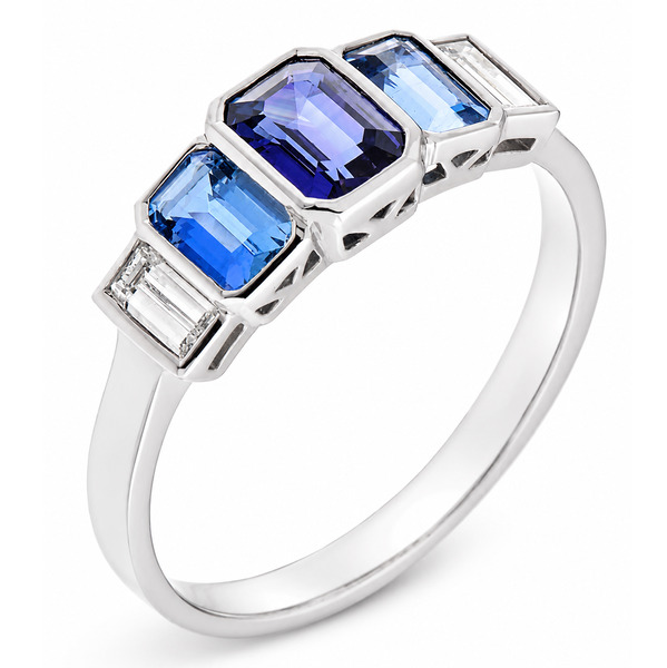 1920's art deco design five stone half eternity style ring Blue Sapphire Aqua baguette cut diamond Platinum Gold