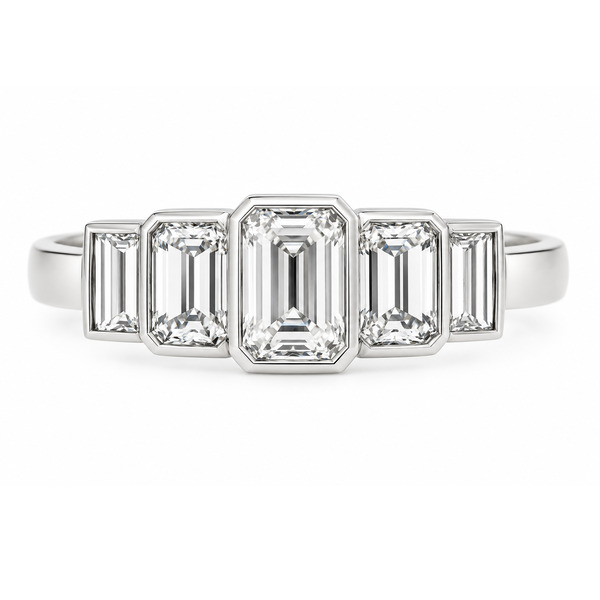 1920's art deco design five stone eternity style ring emerald cut diamond emerald & baguette cut diamonds Platinum Gold